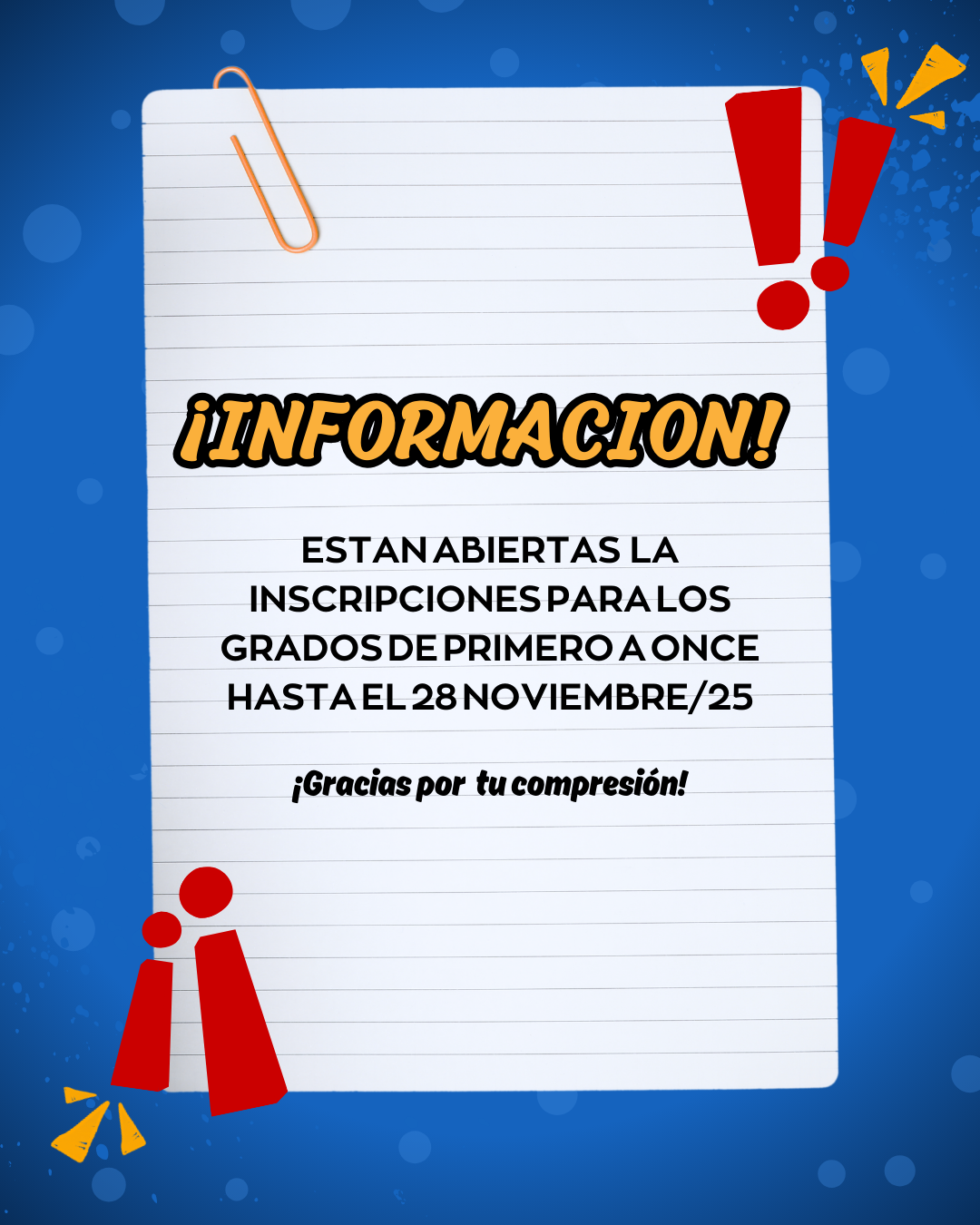 INCRIPCIONES ABIERTAS  PARA LOS GRADOS DE PRIMERO A ONCE  HASTA EL 28 NOVIEMBRE
INGRESAR A LA PAGINA DEL COLEGIO EN ININCRIPCIONES ESTUDIANTES NUEVOS